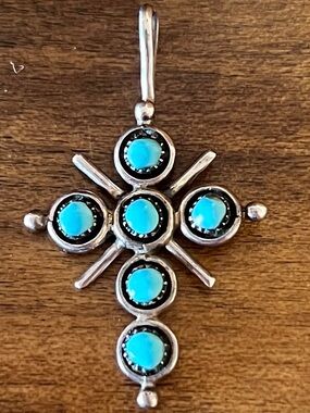 Native American Zuni Snake Eye Turquoise Cross Pendant Sterling Silver 925